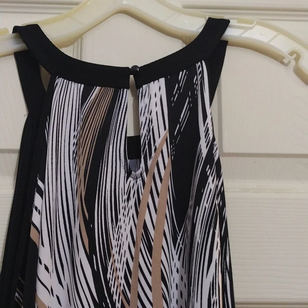 Avenue sleeveless A-trapeeze black/white beige print poly-blend dress size 30/32 - Picture 7 of 8